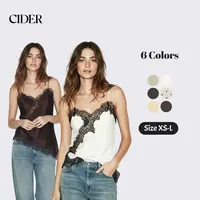 Cider Satin V-neck Floral Lace Lettuce Trim Blouse Casual Cami Sleeveless Top SummerWins SummerFinds