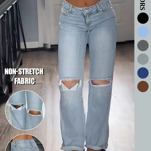 Women's NVFelix Mid-Waist Straight-Leg Light Wash Ripped Jeans Bottom with Pockets, American Casual Everyday Style Office Streetwear