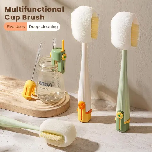 5-in-1 Bottle & Straw Cleaning Brush Multifunctional Tool for Bottles Cups Straws Cream White Jasmine Green Flexible Silicone Bristles Compact Design