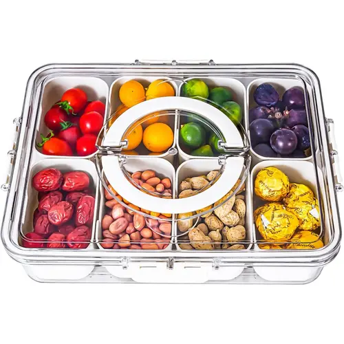 MIUVA Transparent Divided Serving Tray with Lid and Handle - Kitchen Snack Container, Charcuterie Snackle Box for Portable Platters, Candy/Fruits/Nuts Organizer, Value Pack Holiday Gift Set for Parties