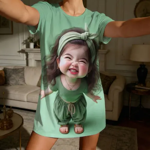 Cute Baby Face Print Short Sleeve Round Neck Lightweight Sleepwear Loungewear for Women, Casual Loose-Fitting Home Clothes, All Seasons Mint Green Comfortable Nightgown