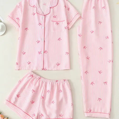 Women's Sleepwear and Loungewear Set, Short-Sleeve Cardigan Top with Shorts and Pants, Striped Bow Print, Casual Fit All-Season Pajama Set