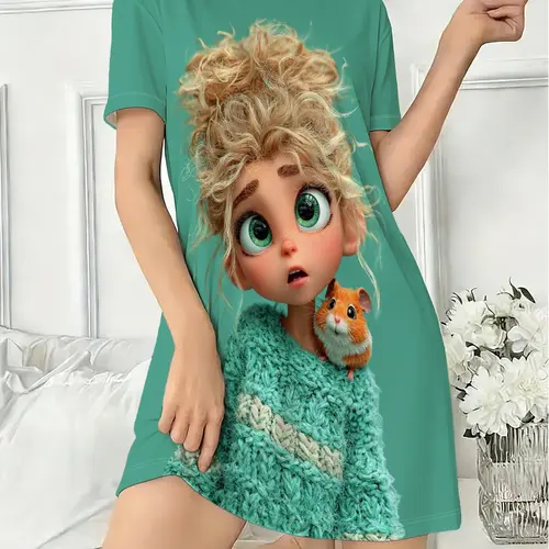 Women's Round Neck Short Sleeve Sleepwear, Loungewear, Dreamy Cartoon Cute Girl Front Back Printed Pajamas, Casual Home Wear All Seasons