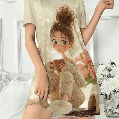 Women's Round Neck Short Sleeve Sleepwear, Nightwear Loungewear, Dreamy Cartoon Cute Girls Front Back Printed Pajamas, Casual Fitted Home Clothes, Loungewear