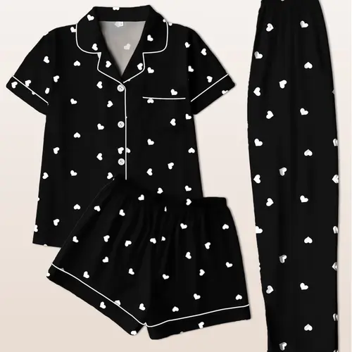 Women's Sleepwear Set, Pajama Set, Short-Sleeve Lapel Button Top with Shorts and Pants, Heart Print, Casual Fitted Loungewear for All Seasons