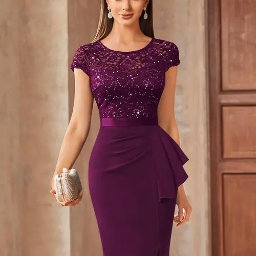 Miusol 13169 Women's Chic Short-Sleeve Round Neck Lace Glitter Sequin Formal Dress - Lady's Workwear, Party Wear