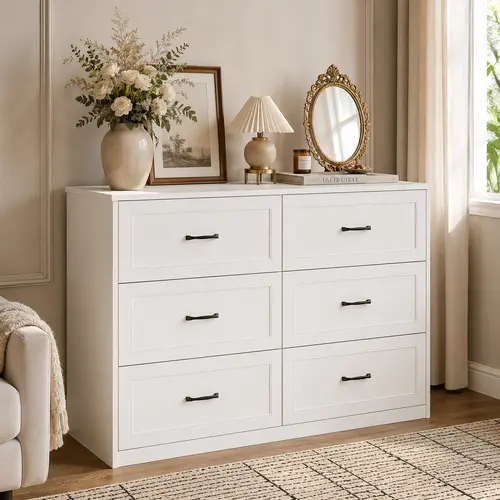 [SohoChic] Vabches 6-Drawer Lockable Dresser, Modern Farmhouse Sturdy Wood Storage Cabinet with Metal Handles, Charging Station & Decor Items for Bedroom, Hallway,dorm essentials,home decor