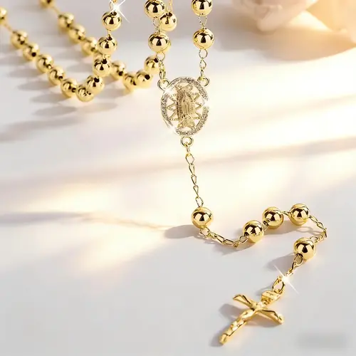 Fashion Hollow Virgin Guadalupe Pendant Prayer Bead Necklace Cross Gold-Plated 6Mm Round Bead Sacred Religious Jewelry Holiday Gift Blessings