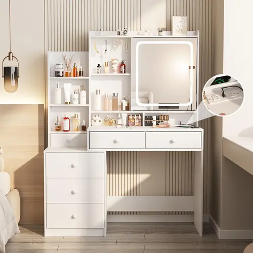 [SohoChic] Vabches Vanity Makeup Mirror Desk,Makeup Vanity with 6 Drawers and Shelves,Vanity Table with Power Strip,Vanity Mirror 3 Lighting Color Adjustable