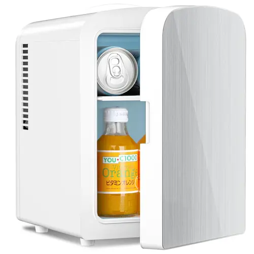 Antarctic Star 4L Compact Beverage Refrigerator - Magnetic Brushed Stainless Steel Door, White, 6-Can Storage, Fast Cooling, 32°F Below Ambient, Car Power Compatible, Energy-Saving Eases Daily Use, Portable for Office & Camping