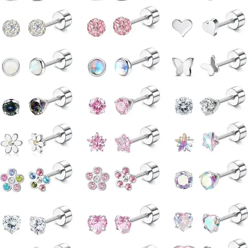 24 Pairs Hypoallergenic Earrings, Cute Screw Back Earrings, Post Earrings for Kids & Women (Age: Over 3 Years Old), 4mm Tiny Stud Earring Set, Fashion Jewelry, Casual Earrings Set