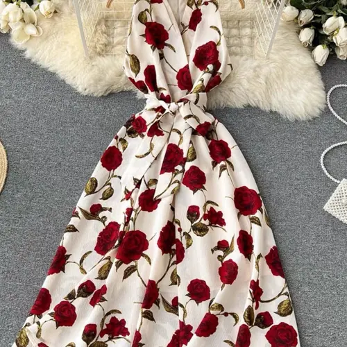 Vintage Floral Dress with V Neck and Adjustable Tie Waist, Flattering Fit Mid-Length Gown for Women, Elegant Goddess Style Womenswear, Casual Boho Fashion Chic Bohemian, Boho Style Dresses