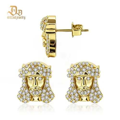 Delzzad 14K Gold-Plated Divine Sparkle Iced Messiah Stud Earrings Unisex Hip Hop Jesus Head Earrings Synthetic Moissanite Stud Earrings Moissanite Earring Jewelry Perfect Gift for Men Women