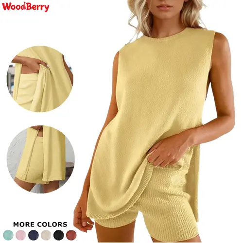 Woodberry Women's 2-Piece Fitted Basic Plain Summer Acrylic Knit Casual Shorts Set - Boat Neck Sleeveless Sweater Tunic Top, for Beach Vacation Lounge Use