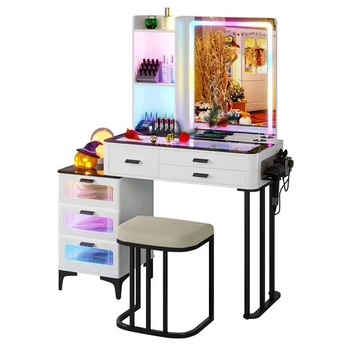 Miuvanity Set with 24-Color RGB Lights, Wireless Charging, HD Mirror, 6-Drawer Chest & Big Storage Furniture Organizing - Modern Design Adjustable Brightness,Vanity with LED Mirror and Power Outlet