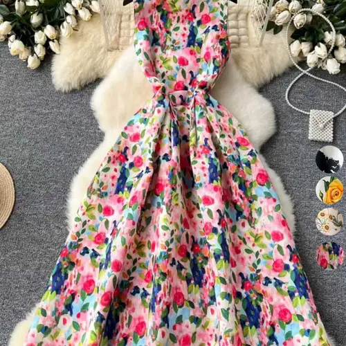 Elegant Sleeveless Backless Party Cocktail Maxi Dress for Women, Vintage-Style Ruched-Waist Flared-Hem Printed Gown, High-End Fashion Statement Evening Dress for Formal Events, Evening Formal Wear, Fit Flare Dress