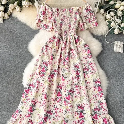 French Style Casual Wear Vacation Dress for Women, Off-Shoulder Short Sleeve Waist-Defined Long Floral Midi Dress, Perfect for Summer Outings, Womenswear