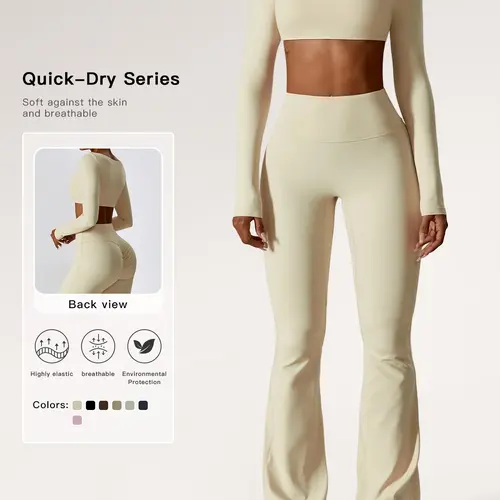 Women's Solid Square Neck Crop Top & High Waist Flare Leg Pants Tracksuit Set, Comfy Breathable Long Sleeve Cropped Top & Bell Bottom Trousers Two-piece Outfits for Yoga Gym Workout, Ladies' Clothes for All Seasons, Gym Wear, Fitness Sets