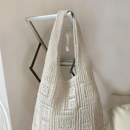 Women's Hollow‑Out Crochet Tote Bag, Fashionable Solid Color Shoulder Bag for Everyday Use, Casual Versatile High‑Quality Bag for Shopping and Beach, Trendy Aesthetic Tote Bag, Everyday Bags, Beach Tote Purse, Beachy Purse