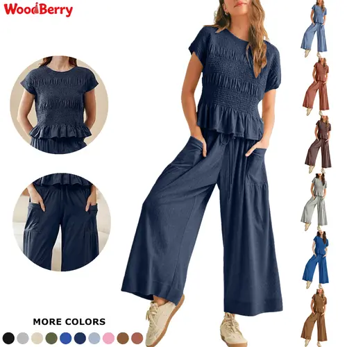 WoodBerry Women's 2-Piece Cotton-Spandex Smocked Crew Neck Short Sleeve Top & High-Waisted Wide-Leg Pants Set - Casual Boho Minimalist Basic Lounge Outfits with Pockets, Fitted Women's Fashion Summer Sets