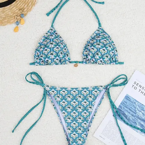 Women's Tropical Coconut Tree Print Bikinis Set, Halter Triangle Swim Bra & Knot Side Swim Panty, Fashion Chic Ladies Bathing Suit for Summer Beach Holiday Vacation, Bikini Swimsuit Outfit