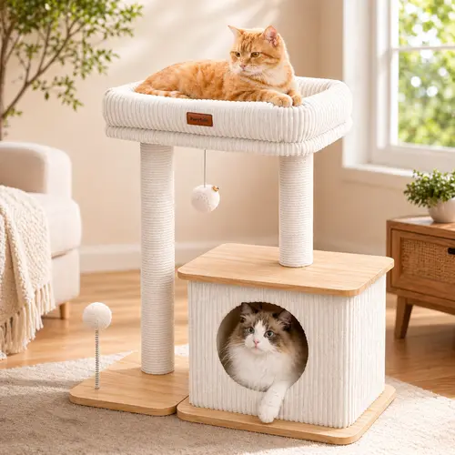 Cat Tree for Indoor Cats, Wooden Cat Tower with Large Plush Top Perch, Cozy Cat Condo, Sisal Scratching Posts, Hanging Ball Toys and Modern Cat Furniture