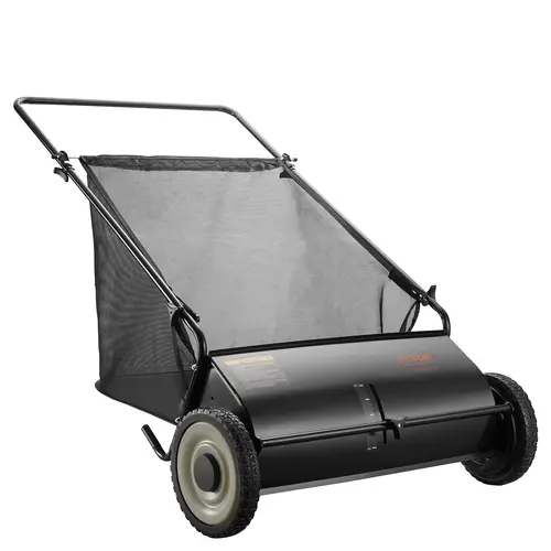 VEVOR Heavy-Duty Garden Push Lawn Sweeper, 26" Size, 4 Spinning Brushes, Strong Rubber Wheels, Thick Steel Frame, Adjustable Brush Height, 7 Ft³ Hopper Bag for Lawn Cleanup, Sidewalk/Drive, Captures 80% Debris