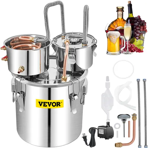 【toolupgrade】VEVOR Multi-Size Stainless Steel Alcohol Still Set with Copper Tube, Built-In Thermometer, Silicone Flexible Pump, 13.2 Gal Capacity for DIY Whisky Wine Brandy (Bar & Wine Utensils)