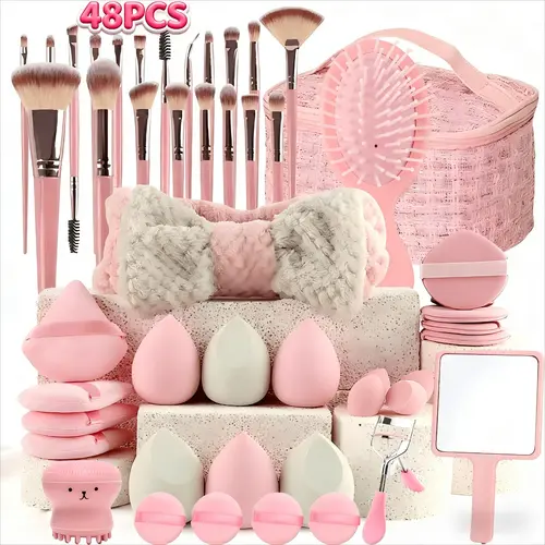 EGFSK Women's 48Pcs Compact Makeup Tool Set - Pink Sensitive High-Density Synthetic Bristles Brushes with Bag, Sponge, Headband, Brush Cleaning Bowl, Puff, Wristband for Face & Eye Makeup, Flawless Finish Cosmetic Kit, Makeup Products