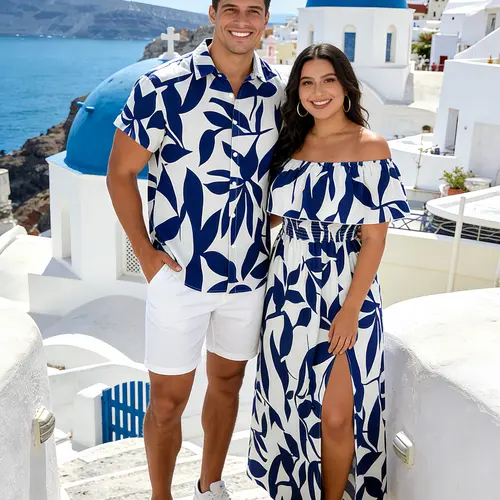DRESSLILY 2026 Vacation Couple Outfit Women's Leaf Patten Off the Shoulder Slit Long Dress and Men's Button Up Shirt Set