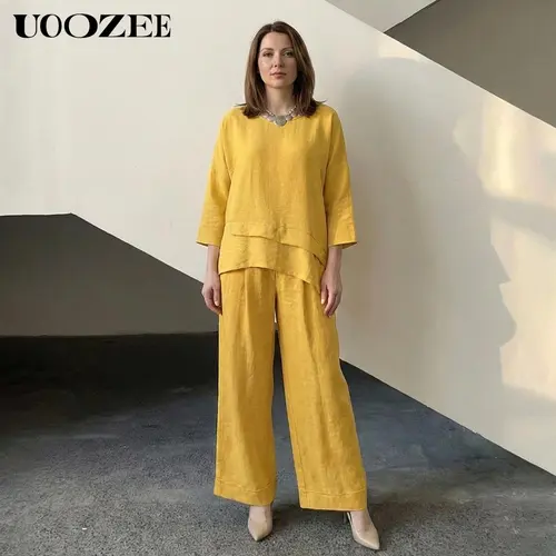 UOOZEE Women's Casual 2-Piece Outfit Set, Loose Soft Linen-Look V-Neck Top & High Waist Cropped Wide Leg Pants with Pockets, Fabric, Women's Clothes, Basic, Streetwear, Sets For Women 2 Piece, Trendy Clothing Sets