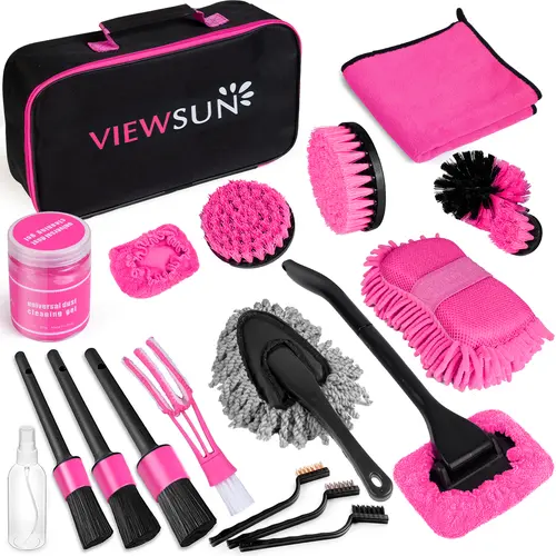 【TikTok Shop Back To School】Viewsun 20PCS Car Cleaning Kit for Women - Pink Auto Detailing Kit with Detachable Handle, Drill Brush Set, Windshield Cleaner, Wire Brushes, Cleaning Gel, Car Accessories Summervibes, Detailing Tools toolupgrade