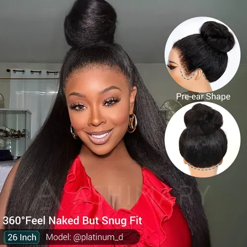 Ashimary Female Virgin Human Hair 360 Skin Lace Frontal Wig, Premium Quality Glueless Kinky Straight Wig with Newborn Hyperrealism Kinky Edge Hairline, Invisi-Strap, Pre-Everything, Comfortable Fit, Breathable, Quick Easy Installation, Hair Bun#summerwins
