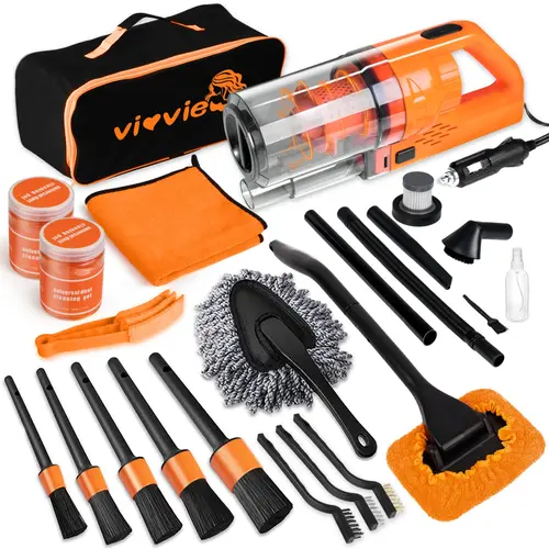 【TikTokShopBackToSchool】Vioview 17Pcs Nylon Car Detailing Kit - Interior Deep Clean Supplies with High-Power Portable Vacuum, Detailing Brushes, Windshield Cleaner, Orange Accessories for Men - Birthday, Graduation, Father’s Day Gift toolupgrade