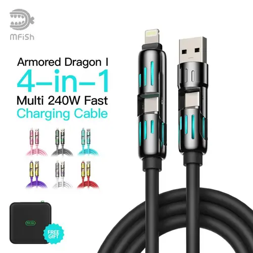 MFish 4-in-1 Charger Multi 240W Fast Charging super Liquid Silicone Cable with USB A Type C Lightning for iPhone17&Samsung Laptops  Charger