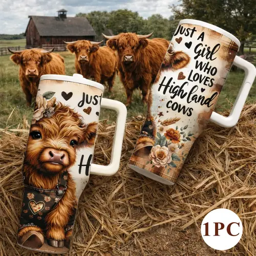 Highland Cow Insulated Mug, Stainless Steel Thermal, 40oz Thermal Mug, Tumbler with Handle, Double Wall Vacuum Cup, Leak Proof Lid, Keeps Hot 12 Hours Cold 24 Hours, Farm Cow Design, Coffee Tea Hot Cold Drinks, Gift for Farm Lover Gift, Travel Thermal Cup