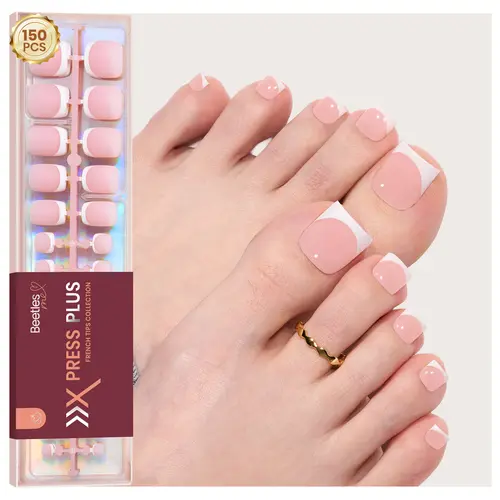 [Exclusive to TTS]Beetles X Press Plus French Tip Toenails - Classic Short Square Press On Toe Nails Natural Salon Quality Gel Nail Tips, Easy Nail Art, Short Square French Tip False Nails & Accessories