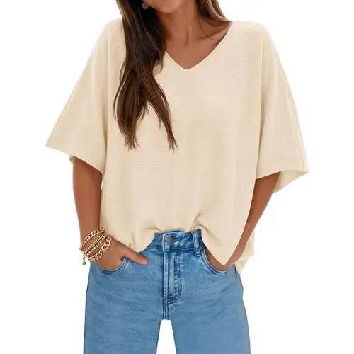 Saodimallsu Women's Oversized Summer Knit Sweater - Half-Sleeve Batwing V-Neck Dolman Tops, Lightweight Loose-Fitting Casual Tops for Women, Minimalist Basic Trendy Wear Knitwear Vneck Womenswear,summerwins summerwins,summeroutfits,vacationoutfits,beachou