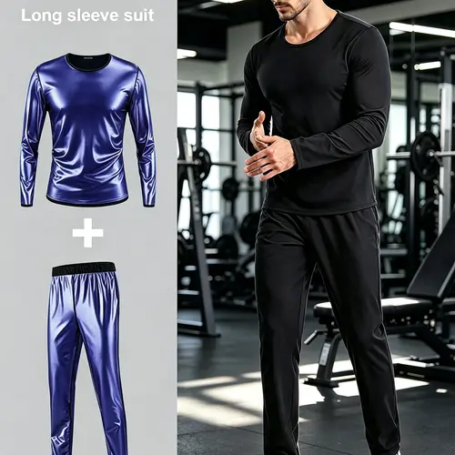 Men's Solid Long Sleeve Tee & Elastic Waist Pants Sauna Suit Set, Round Neck Top & Trousers, Sportswear Set for Gym Workout Running(Order One Size Up)