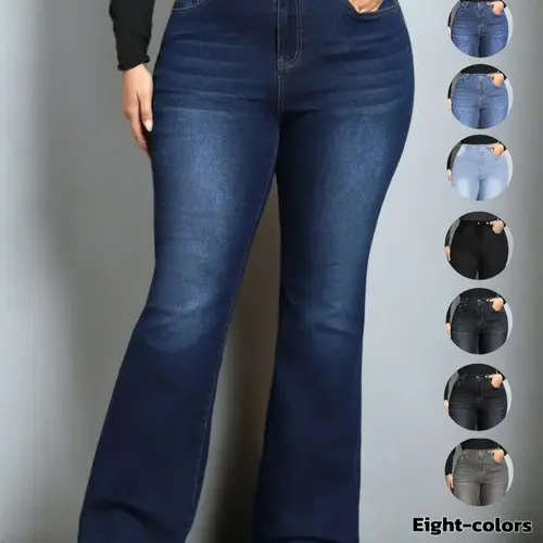 【Plus Size】 Plain Pocket Button Flare Leg Jeans, Casual Comfy Soft Bell Bottom Denim Pants for Daily Wear, Women's Plus Clothing for All Seasons