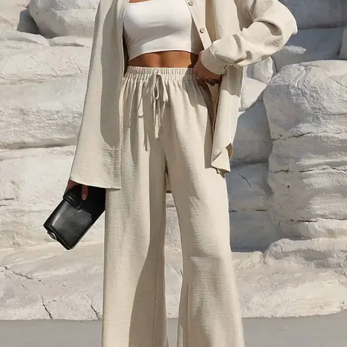 Two-Piece Set Women's Solid Button Front Shirt & Drawstring Waist Wide Leg Pants, Casual Drop Shoulder Long Sleeve Top & High Waist Trousers For Spring & Fall, Ladies Clothes For Daily Wear