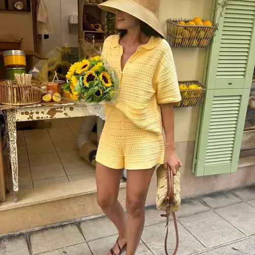 Women‘s Vacation-Ready Textured & Openwork Knit Set, Short-Sleeve Pockets Collared Polo Cardigan & Relaxed Loose Elastic Waist Shorts Two-Piece Set, Chic Casual Comfortable Resort Wear, Womenswear, Clothes.