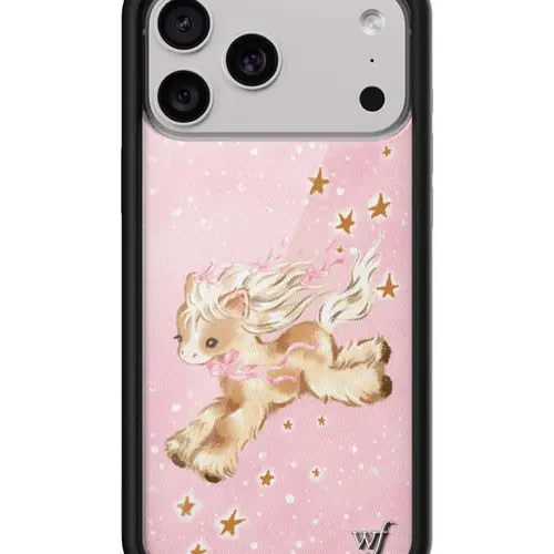 Pony Dreams | Limited Edition Trendy iPhone Case | Raised Protective Black Bumper | Women Owned Small Business | Pretty Pink Background White Stars Brown and Tan Pony | Safety Casing Protective | Gift for Her