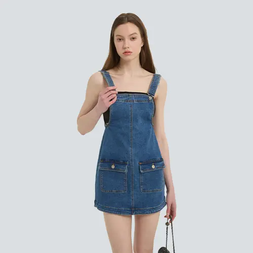 FireSwan Women's Basic Minimalist Greenish Denim Strappy Sleeveless Mini Overalls Dress - Adjustable Straps, Pockets, Casual Comfy Jumpsuit, Cute, Sleeveless Freedom, Streetwear Energy, Some Stretch, All Seasons Wear, Women's Casual Dresses