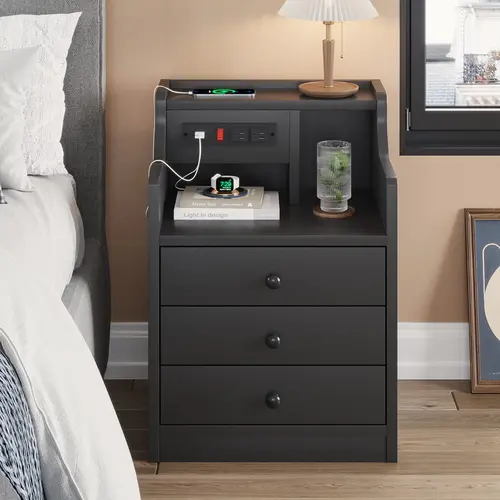 SIKAIC Black Smart Nightstand with Charging Station, 3 Drawers Bedside Table with Charging Ports, Rectangular Indoor Furniture for Bedroom - Requires Assembly