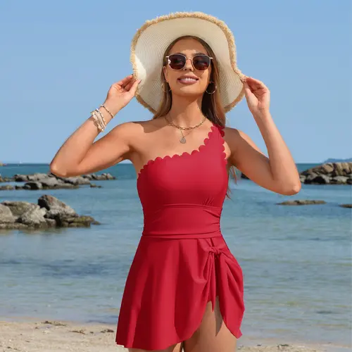 Charmo One Shoulder One Piece Swimsuit Women Tummy Control Bathing Suit with Skirt Tie Knot Cute Scalloped Swimdress summerwins