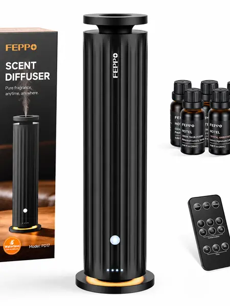 FEPPO Waterless Diffuser - Cold Air Waterless Essential Oil Diffuser Starter Kit with 5x20mL Hotel Scent Oils, Quiet Smart Scent Diffuser, 6 Intensity, Timer, 1000 Sq. Ft for Home, Office, Hotel, Yoga