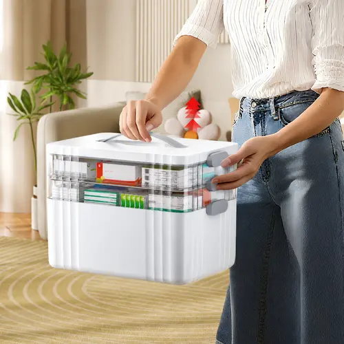 7CODE 3-Tier Large Capacity Medicine Organizer Storage Box with Removable Trays - Lockable Portable First Aid Pill Case with Carry Handle for Home, Travel - Divided Compartments for Convenient Organization,dorm essentials,home decor