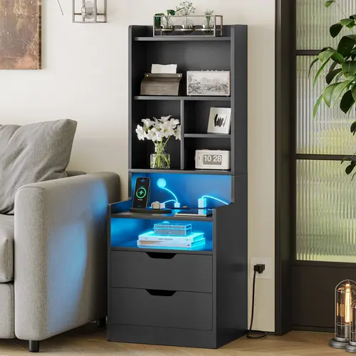 SIKAIC Tall LED Bedside Nightstand with Charging Station - Black Furniture with Storage Drawer, USB Ports, 2 Power Outlets and Multi-Layer Bookshelf for Bedroom