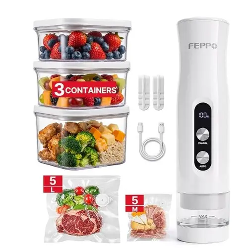 FEPPO Compact Vacuum Sealer for Food,  Anti-Overflow Handheld Vacuum Sealer Machine with 3 Containers & 10 Reusable Bags, -65kPa Powerful Suction, Auto & Manual Modes, Portable Food Vacuum Sealer for Kitchen, Travel, RV,back to school,back to school haul